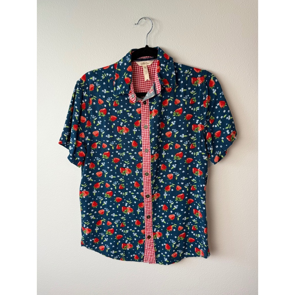 Matilda Jane Womens XS Strawberry Blueberry Fruit Print Gingham Button Down